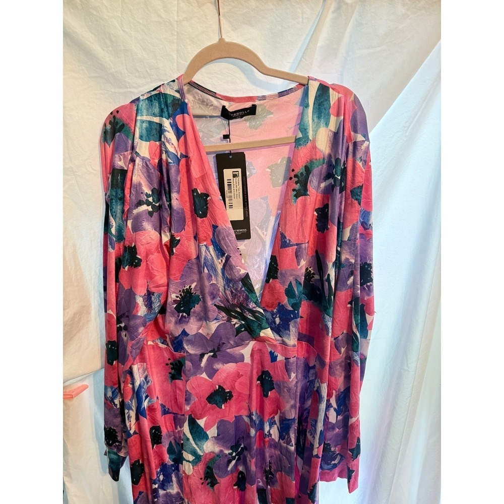 Rebdolls Double Slit Maxi Dress Pink Purple Floral Long Sleeve 2X NWT
